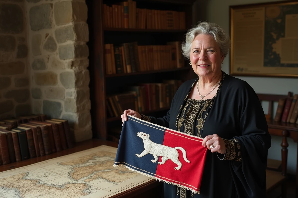 Femme bretonne tenant un drapeau brode