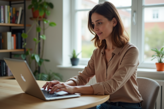 Femme au bureau regardant son ordinateur portable