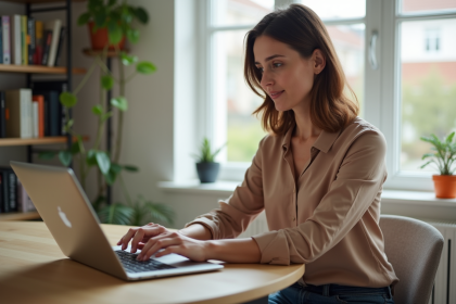 Femme au bureau regardant son ordinateur portable