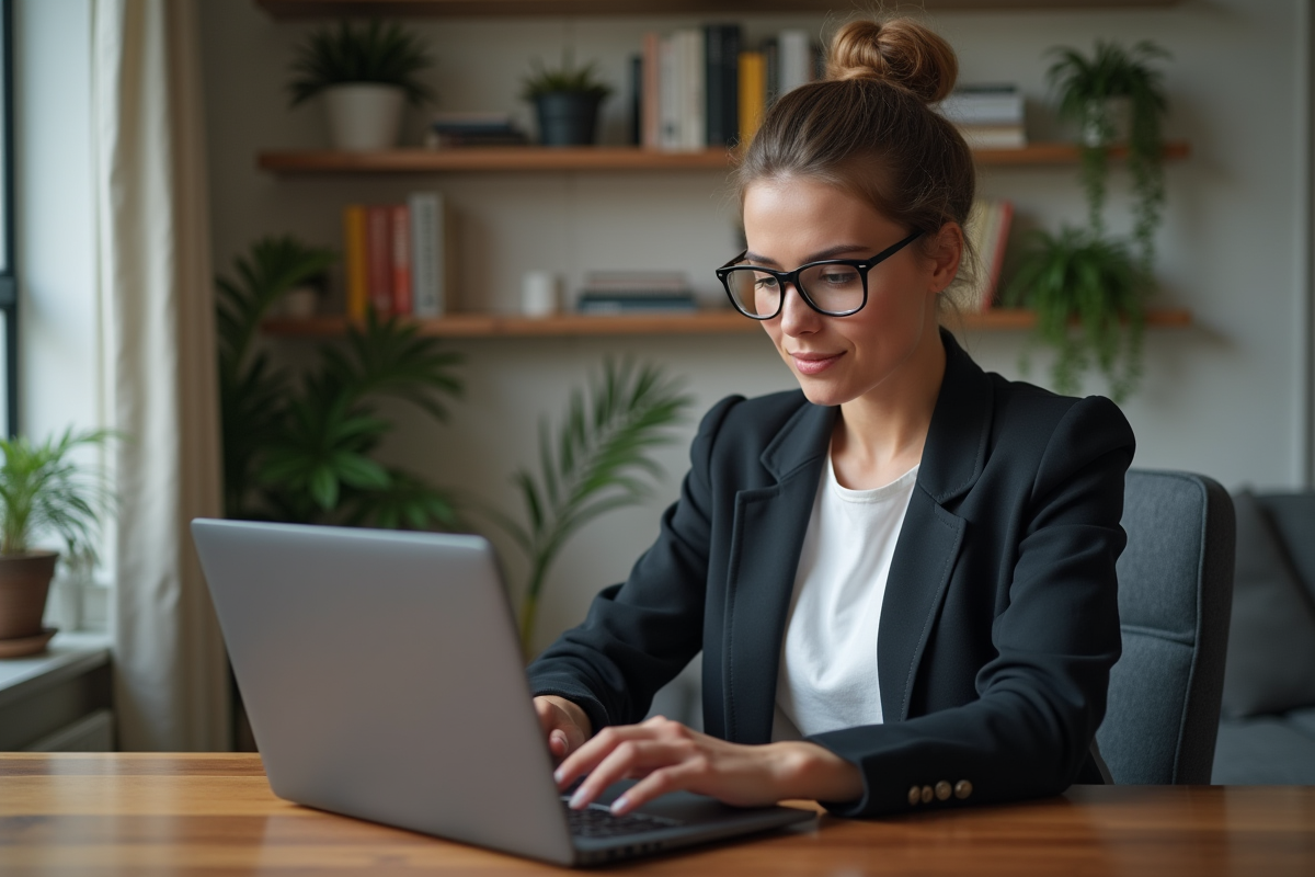 Jeune femme au bureau vérifiant vitesse VPN sur ordinateur