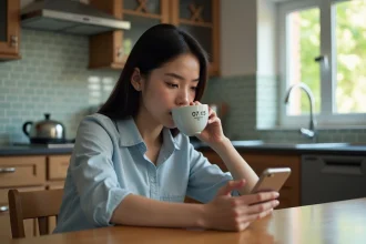 Jeune femme avec café et smartphone dans la cuisine