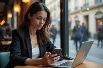 Femme en blazer lisant actualités sur son ordinateur à Paris
