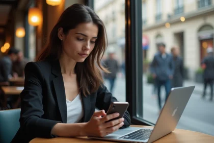 Femme en blazer lisant actualités sur son ordinateur à Paris