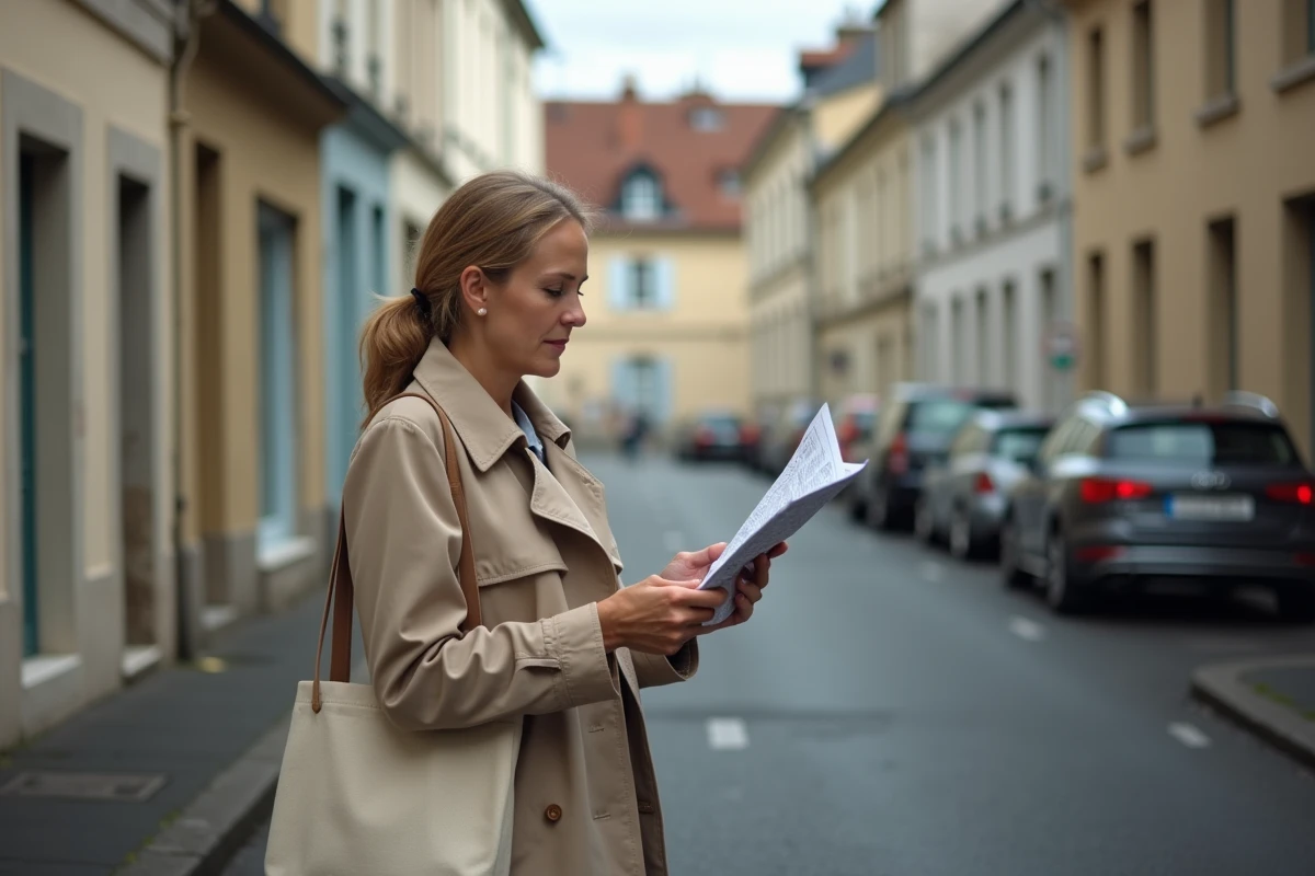 Femme consultant une carte à l'entrée d'une impasse résidentielle française pour trouver son chemin