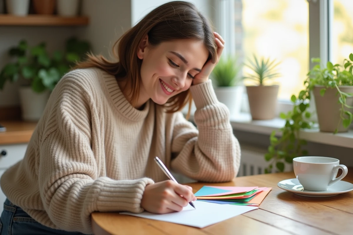 Jeune femme écrivant une carte dans une cuisine lumineuse