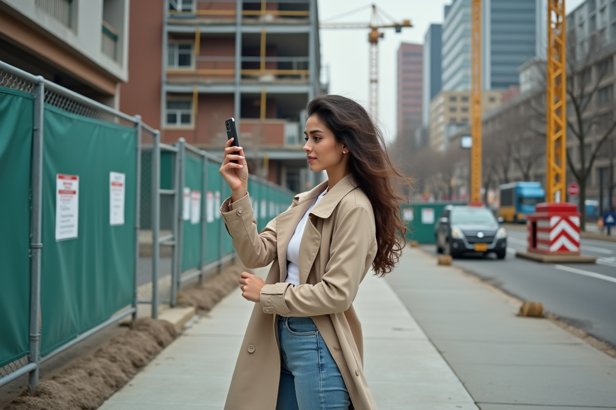 Jeune femme photographiant un permis de construire en extérieur