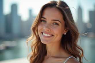 Femme confiante souriante en extérieur en lumière naturelle