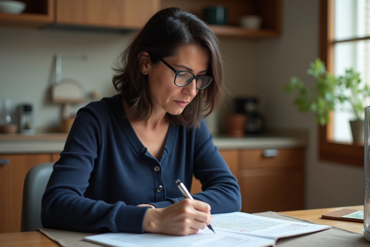 Femme française réfléchissant à un puzzle dans une cuisine moderne