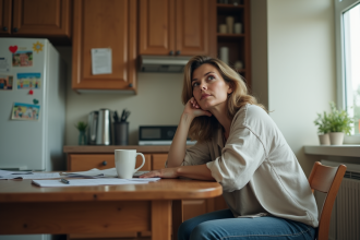 Femme réfléchissant dans sa cuisine avec enfants et dessins