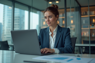 Femme d'affaires concentrée devant son ordinateur en ville