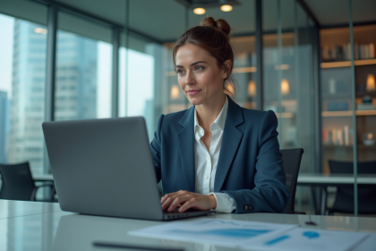Femme d'affaires concentrée devant son ordinateur en ville