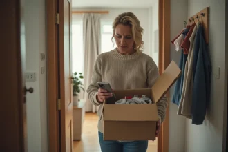 Femme inspectant un colis endommage dans son appartement