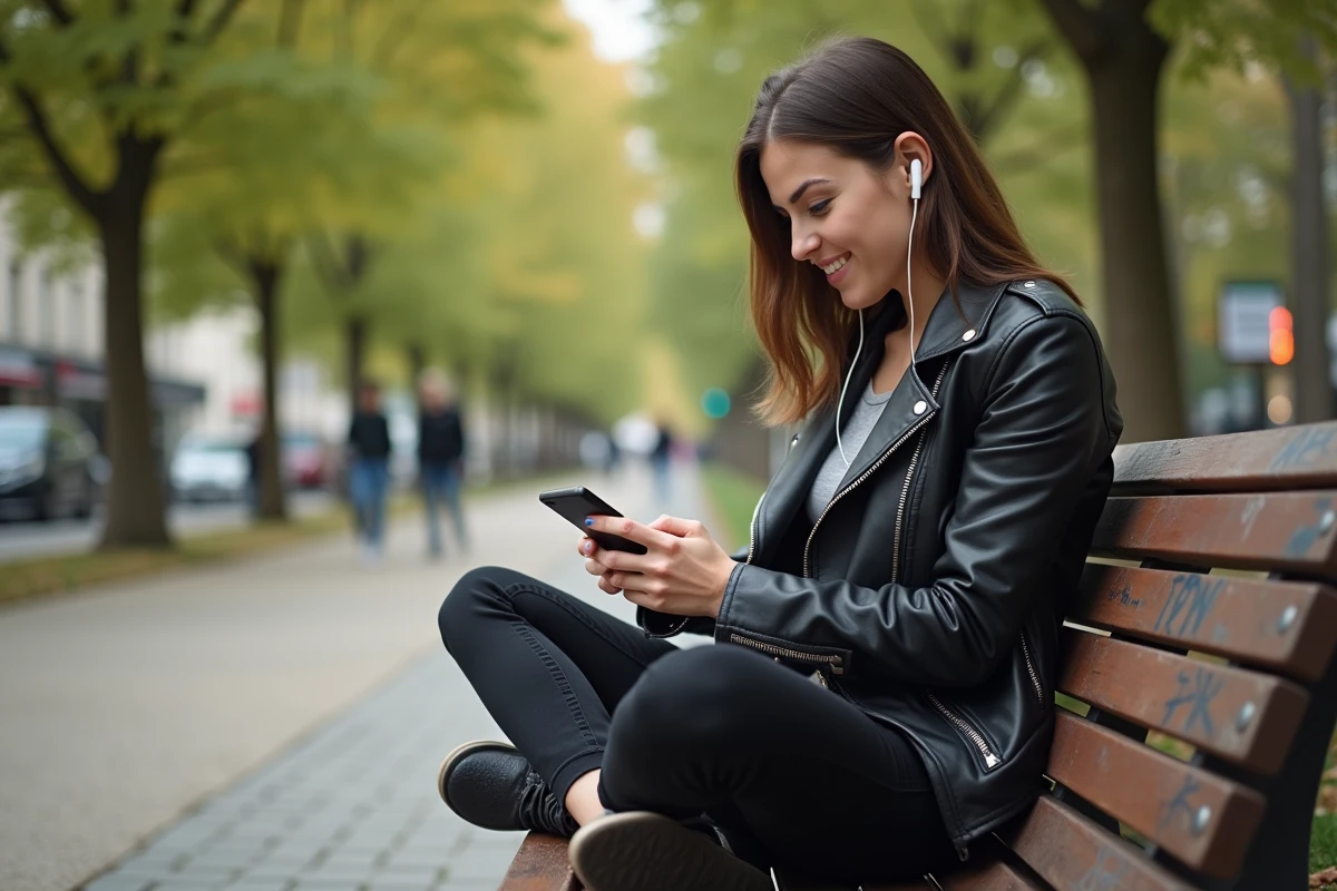 Jeune femme française écoute musique dans un parc urbain