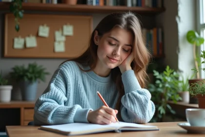 Jeune femme écrivant dans un appartement chaleureux