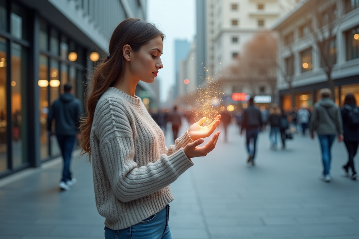 Jeune femme manipulant un hologramme blockchain en extérieur