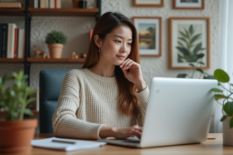 Jeune femme au bureau à domicile travaillant sur son ordinateur