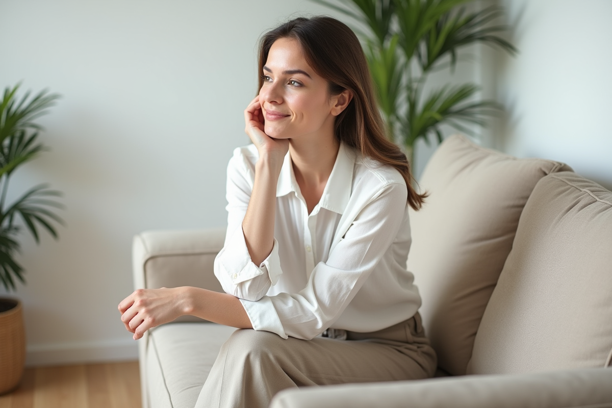 Jeune femme en blouse blanche dans un salon moderne