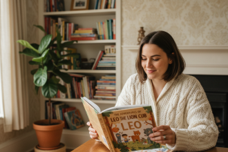 Femme souriante feuilletant un livre personnalisé pour enfants