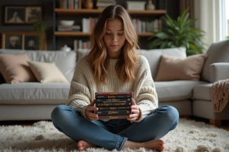 Jeune femme lisant des DVDs de Tolkien dans un salon cosy