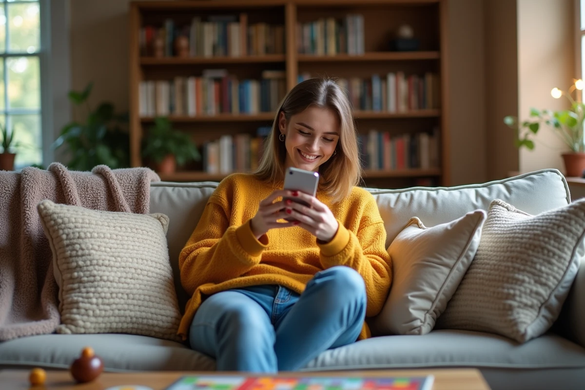 Femme détendue regardant son smartphone dans un salon cosy