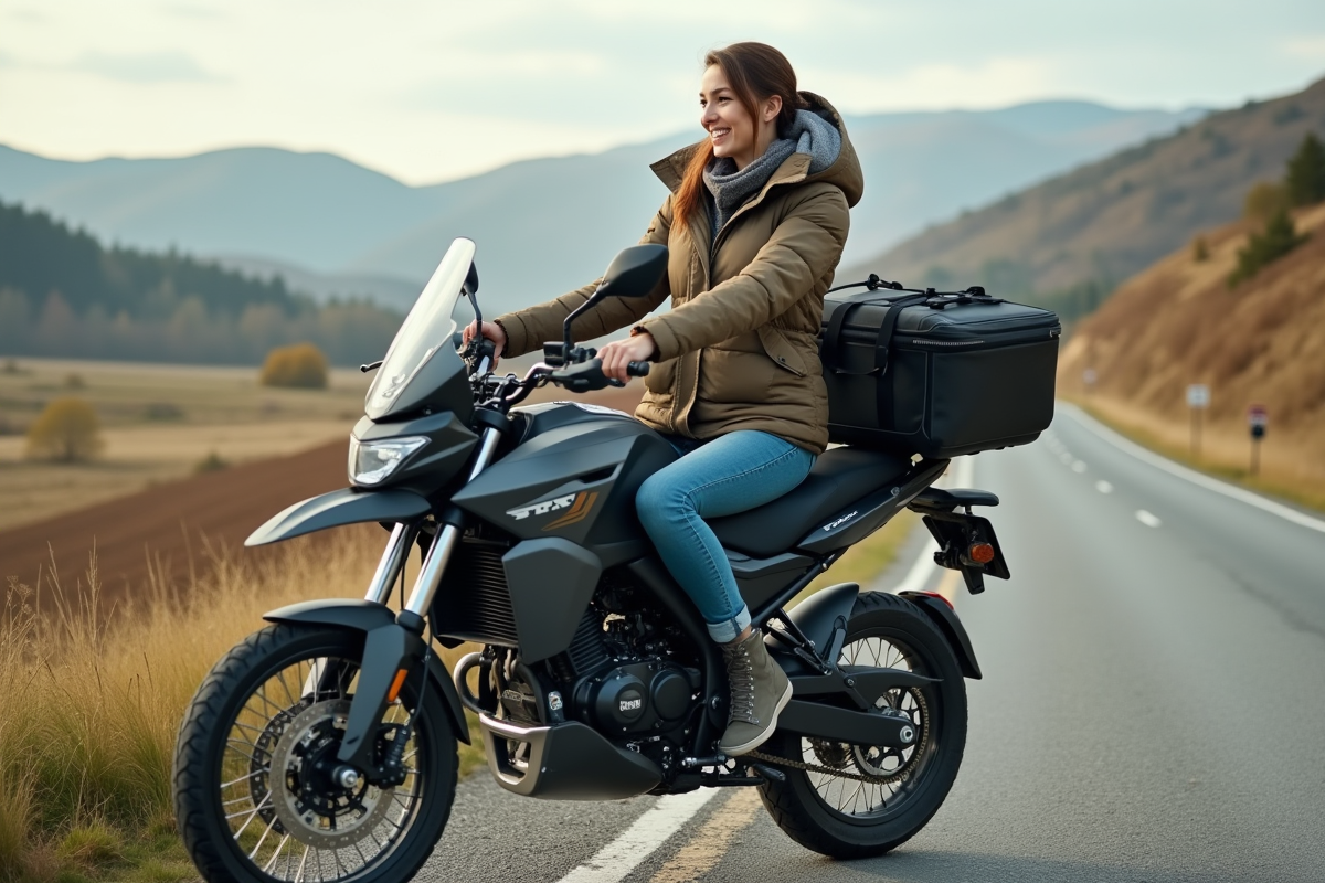 Femme vérifiant un sac étanche sur une moto Dax au bord de la route