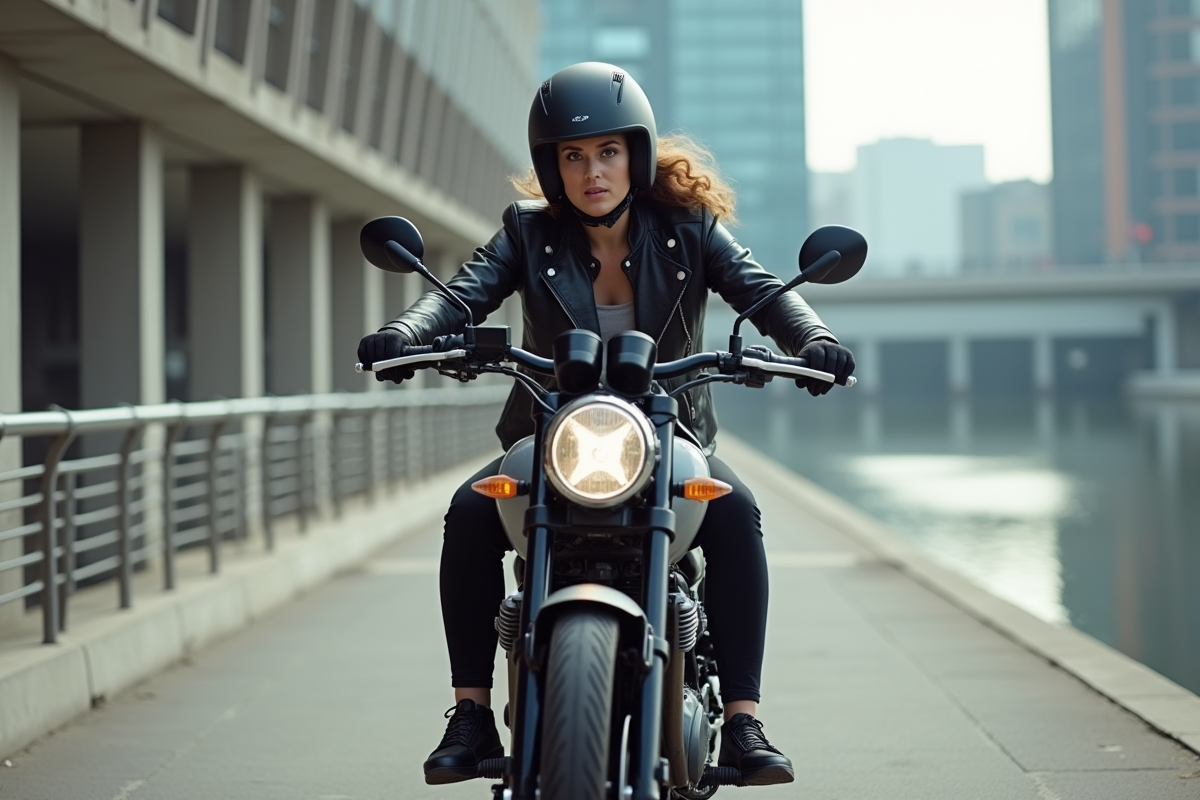 Femme en ville avec sa moto sur le bord de la rivière