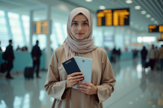 Jeune femme musulmane à l'aéroport avec passeport
