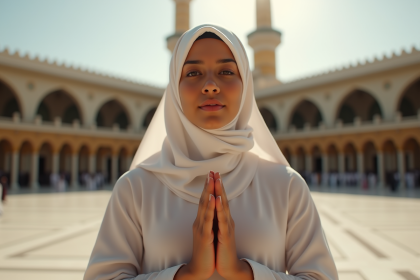 Femme musulmane en ihram priant devant la Kaaba en journée
