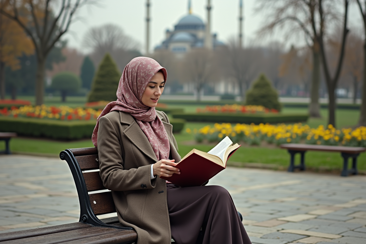 Femme musulmane lisant un guide dans un parc urbain