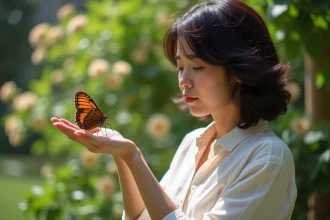 Femme contemplant un papillon dans un jardin en plein jour