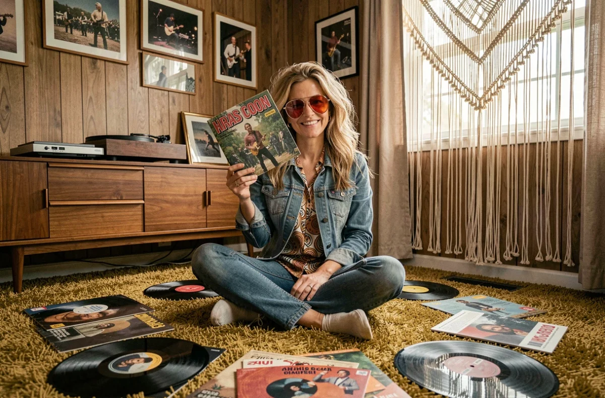 Femme nostalgique entourée de vinyles années 70 80 dans un salon rétro décoré de posters de concert américains