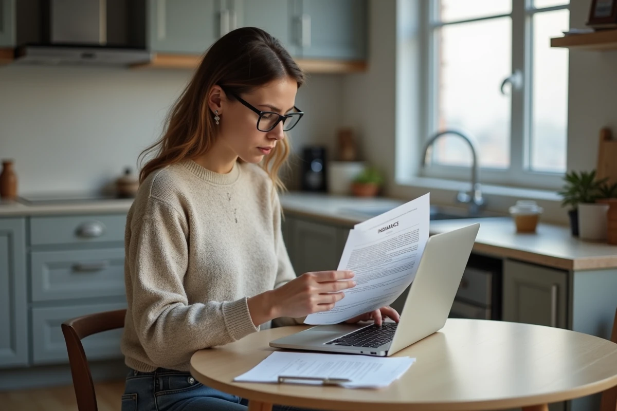 Femme concentrée vérifiant une police d'assurance à la maison