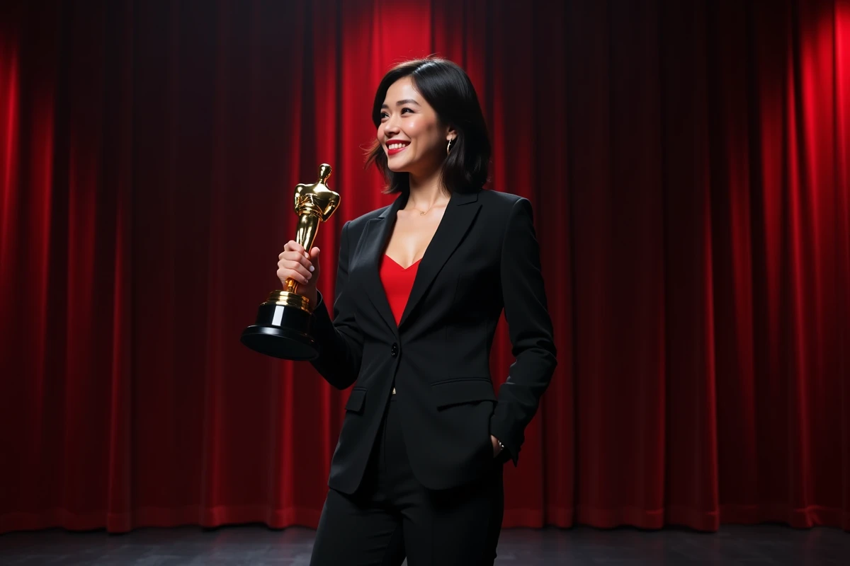 Femme confiante avec trophée lors d'une cérémonie