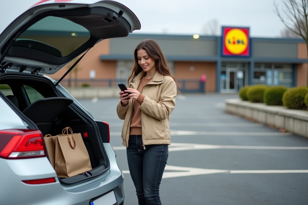 Femme consultant son téléphone dans un parking Lidl facile d'accès près d'une voiture