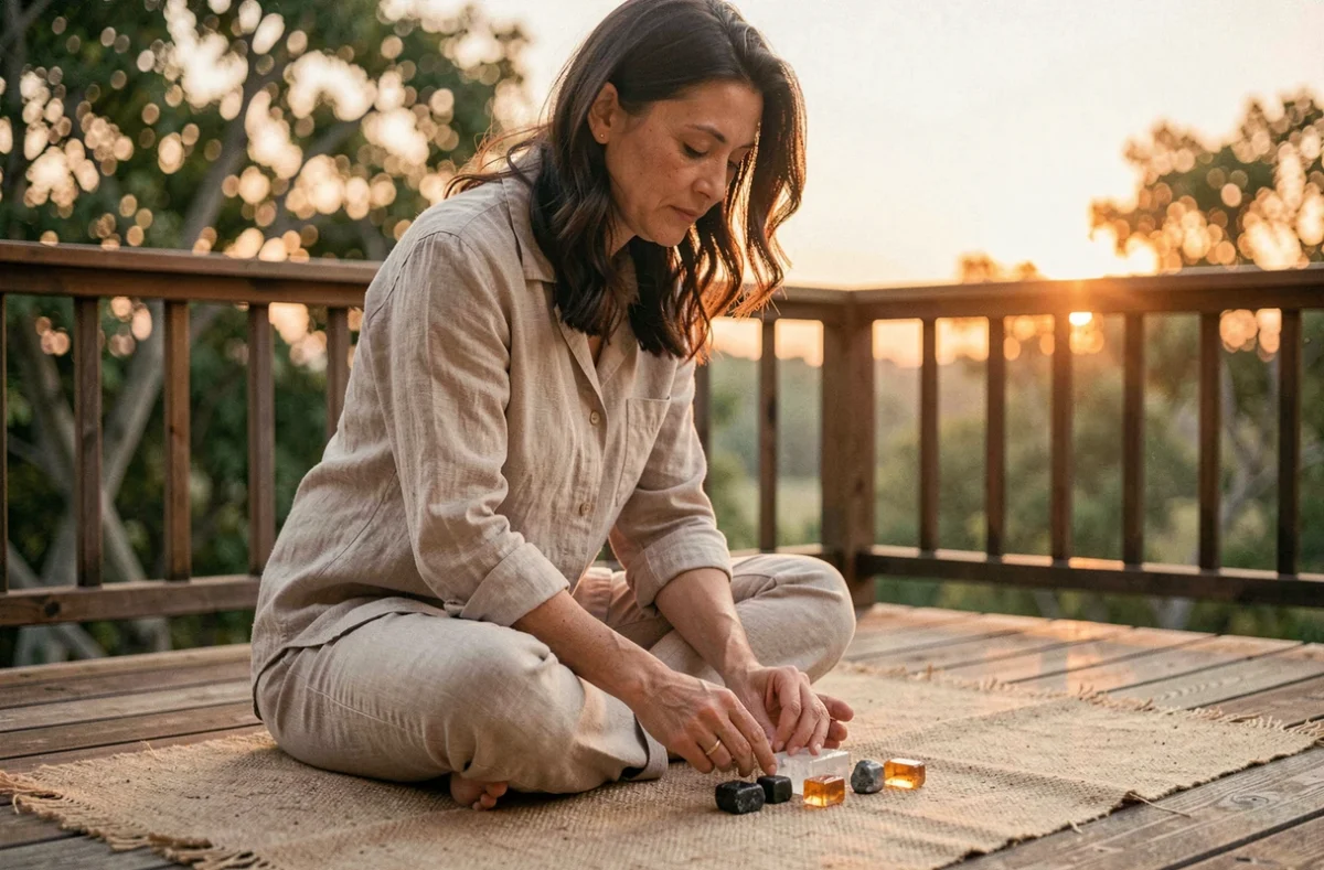 Femme plaçant des pierres au soleil levant pour les purifier et les recharger