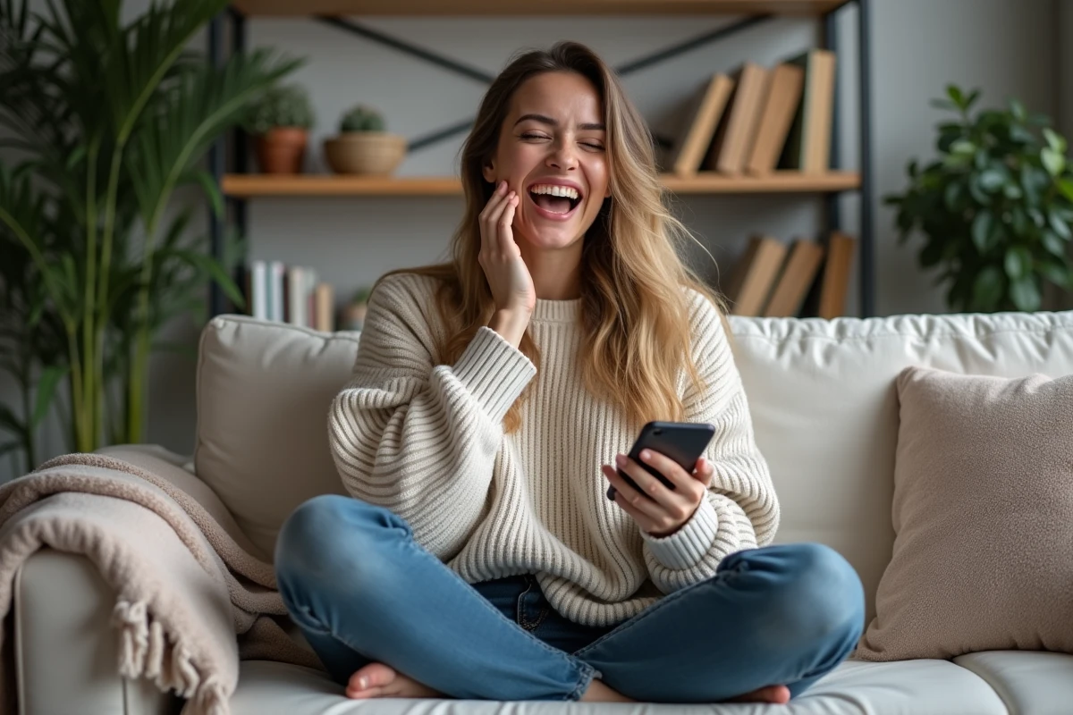 Jeune femme hilare sur un canapé réagissant à une blague absurde sur son téléphone dans un appartement moderne
