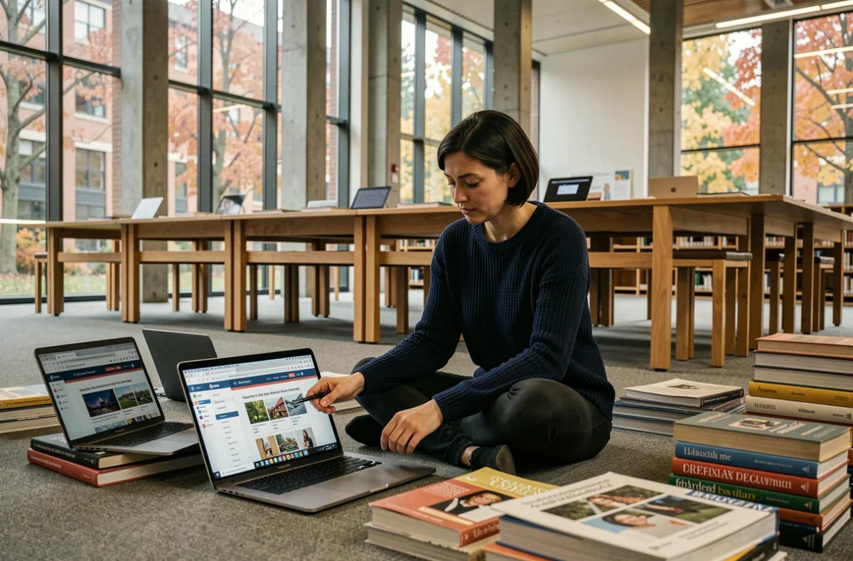 Femme explorant des archives web historiques entourée de livres et d'ordinateurs portables dans une bibliothèque universitaire moderne