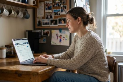 Femme en cuisine cherchant un emploi sur son ordinateur