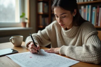 Femme résolvant un mot croisé Codycross sur une feuille imprimée avec un stylo, assise à une table en bois dans une cuisine chaleureuse