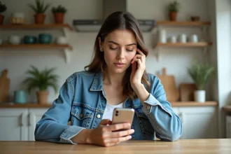 Femme en denim utilisant son smartphone dans la cuisine