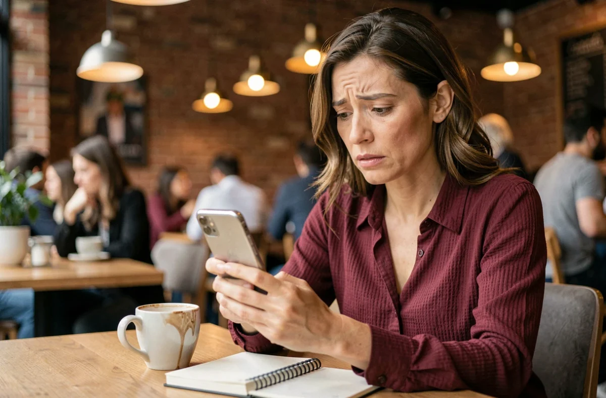 Femme confuse consultant son téléphone dans un café en tentant d'accéder à un lien faljam défaillant