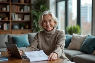 Femme élégante en cashmere dans un salon moderne
