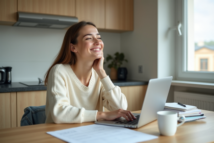 Jeune femme souriante remplissant un formulaire financier dans la cuisine