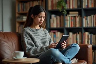 Jeune femme frustrée cherchant une alternative à Epsilon Scan sur une tablette pour lire ses mangas préférés