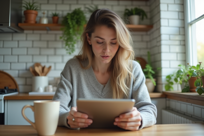 Femme assise à la cuisine avec tablette et ambiance chaleureuse