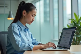 Jeune femme professionnelle utilisant un ordinateur pour choisir une offre de traduction