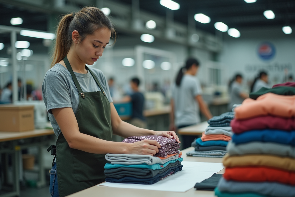 Femme textile inspectant des vêtements dans une usine