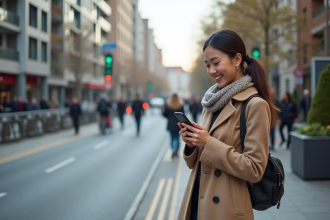 Jeune femme urbaine souriante vérifiant son téléphone dans la ville