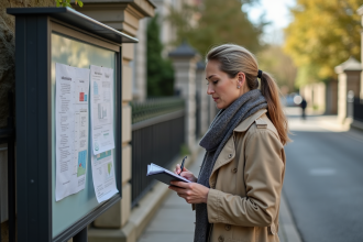 Femme lisant un panneau d'affichage urbain en extérieur