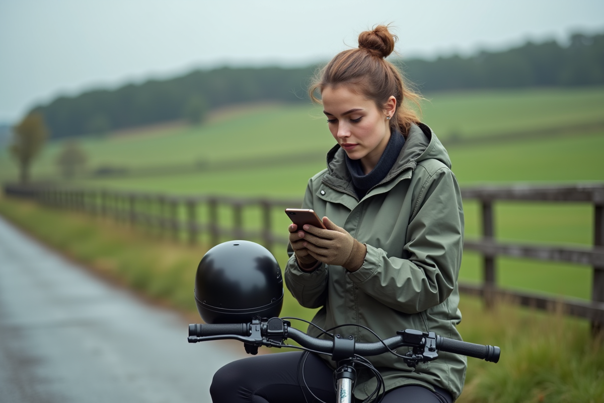 Femme avec vélo motorise consulte son smartphone en campagne